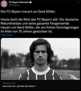 Tweet Bayern rouwt om overkijden Gerd Muller